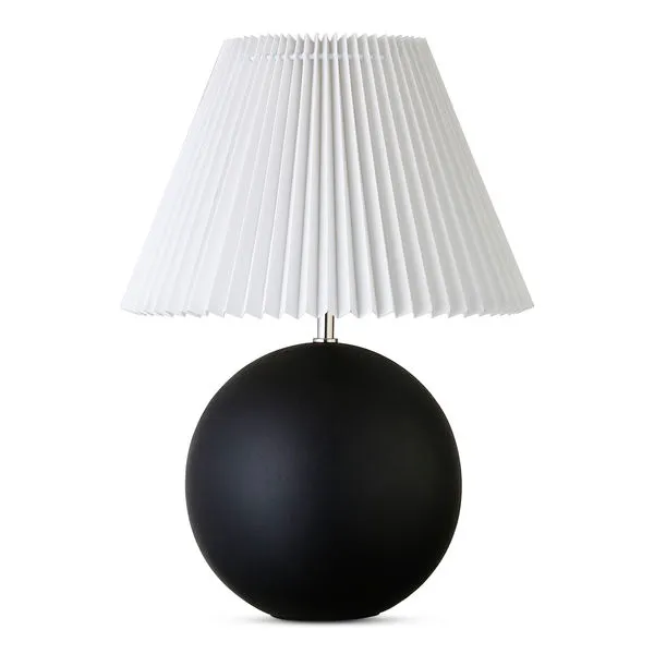 Tuve table lamp with white pleated shade and smooth black spherical polyresin base