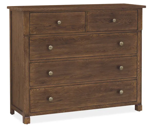 Driftwood five-drawer chest in Worn Saddle finish with burnished wood and round metal knobs