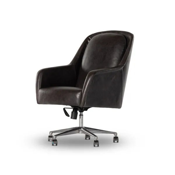 Executive desk chair fully upholstered in black top-grain leather with a curved back, armrests, and 360-degree swivel base...