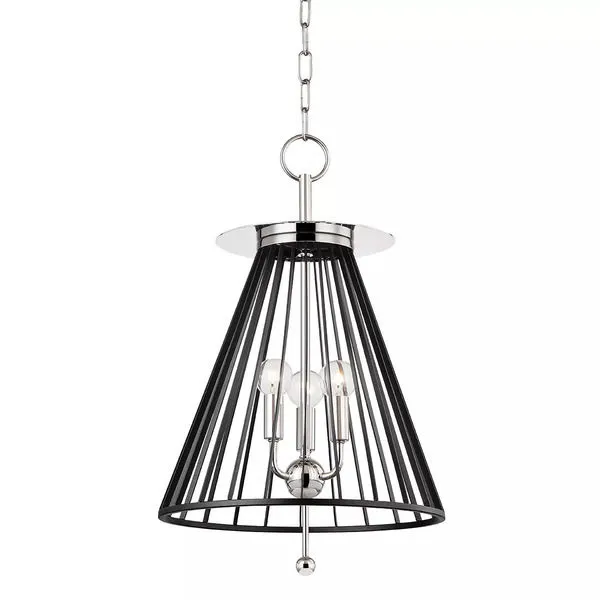 Black cage-frame cone pendant with polished nickel candelabra of cylinders and spheres inside