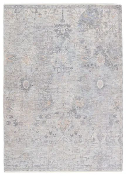 gray and beige vintage-inspired Seraph Medallion rug with ornate, dimensional pattern and soft pile