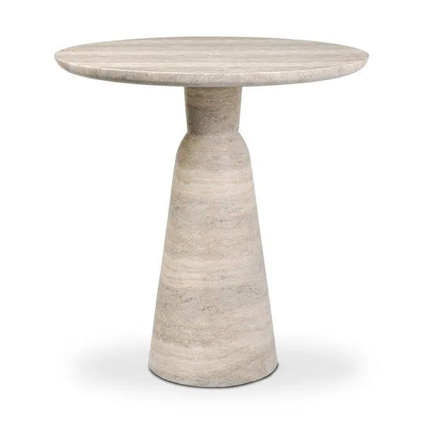 Two-tiered pedestal outdoor bar table with textured sandy grey cast concrete mimicking natural marble