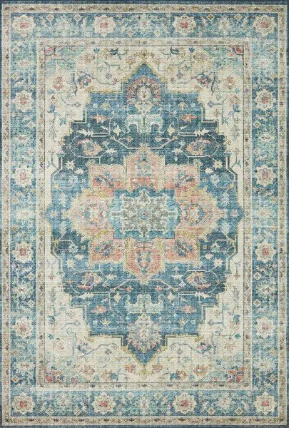 Traditional Skye Ocean Multi Rug with blue, cream, coral, and yellow intricate floral medallion pattern