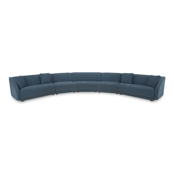 Fraser 5 Piece Modular Sectional in blue polyester fabric with curved 60s and 70s-inspired design on low plinth base