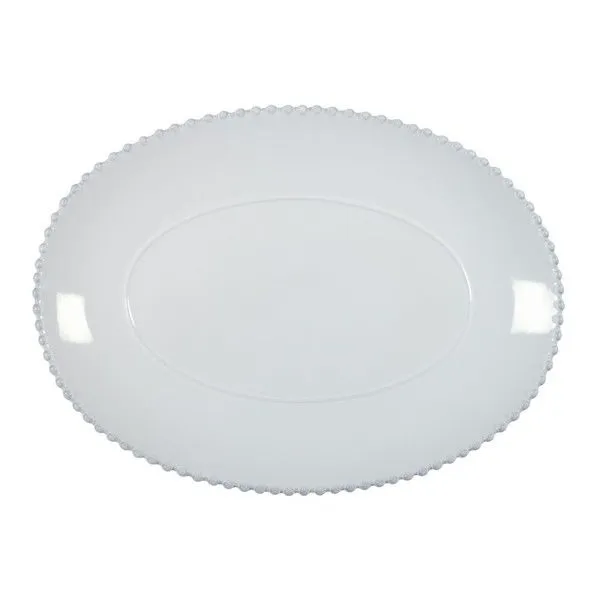 White 16 inch oval ceramic stoneware platter with scalloped pearl edge detail