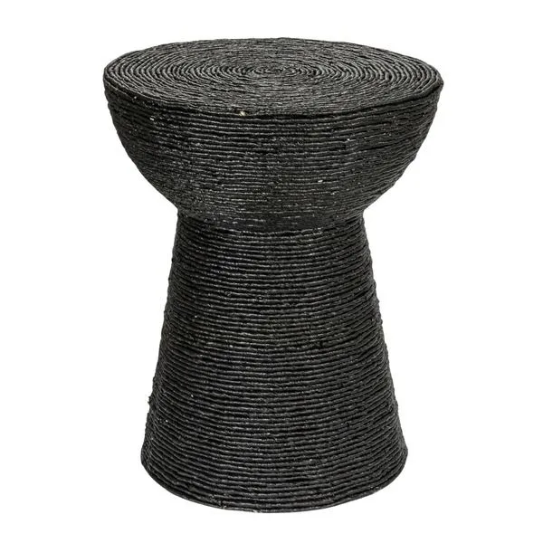 Willow Handwoven Hourglass Natural Accent Table in black corn rope with rounded top and tapered base