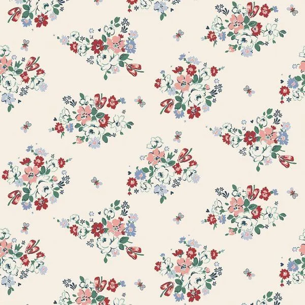Cream wallpaper with matte finish featuring pastel pink, blue, white, deep red posy and daisy bouquets with butterflies