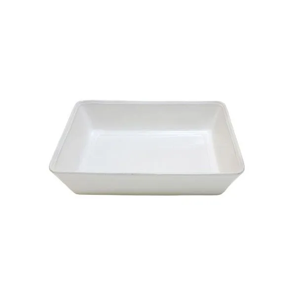 White rectangular stoneware baker with subtle grooved edges and smooth interior surface