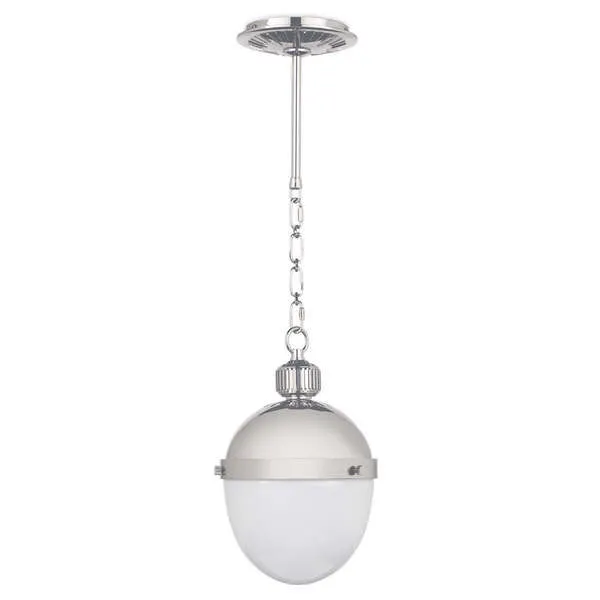 Otis Pendant Small with polished metal top and classic milk glass rounded shade suspended by chain