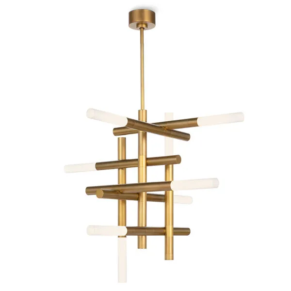 Cass Chandelier with intersecting vertical and horizontal brass arms and frosted acrylic diffusers enclosing LED bulbs