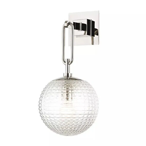 Jewett 1 Light Wall Sconce with crosshatched clear spherical glass diffuser and polished brass rectangular wall plate