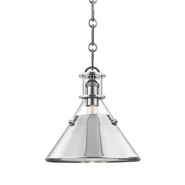 Metal No.2 1 Light Small Pendant with polished silver metal shade and exposed bulb hanging from linked chain
