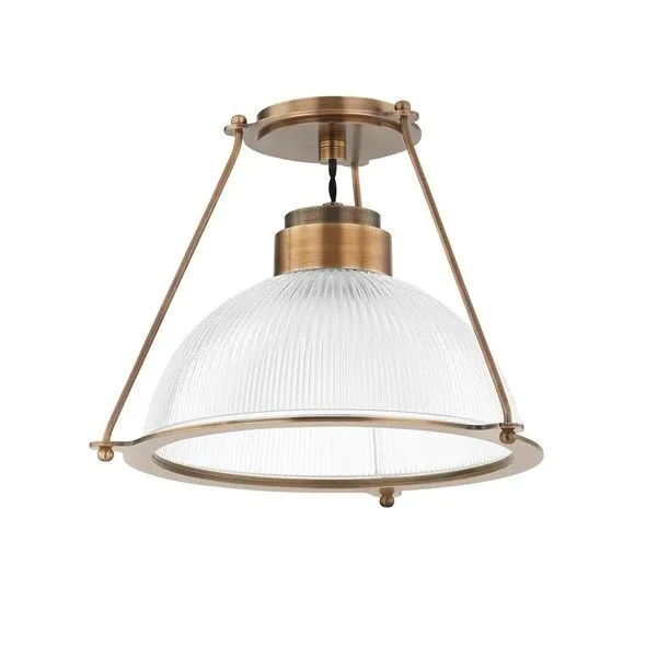 Small semi-flush ceiling light with ribbed clear glass dome shade and patina brass triangular frame