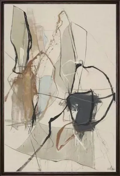 Abstract painting featuring cool blues and greens with hand embellishment on giclée canvas, framed in espresso brown