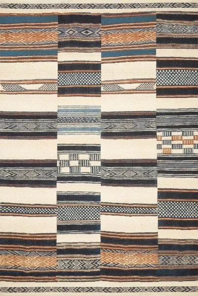 Ivory and multi-color Mika rug with abstract and tribal-inspired rectangular block pattern featuring textured durable yarn.