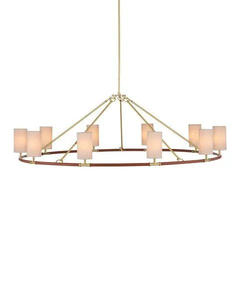Large chandelier with brushed brass rods and a thin tan leather ring holding 12 linen canister shades