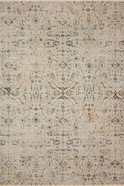 Full top view showing symmetrical ornate pattern in muted ivory and beige with subtle blue and brown accents