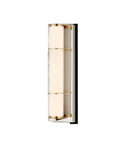 Blaine Wall Sconce with milky glass tubular shade, polished brass rings, and polished nickel rectangular backplate