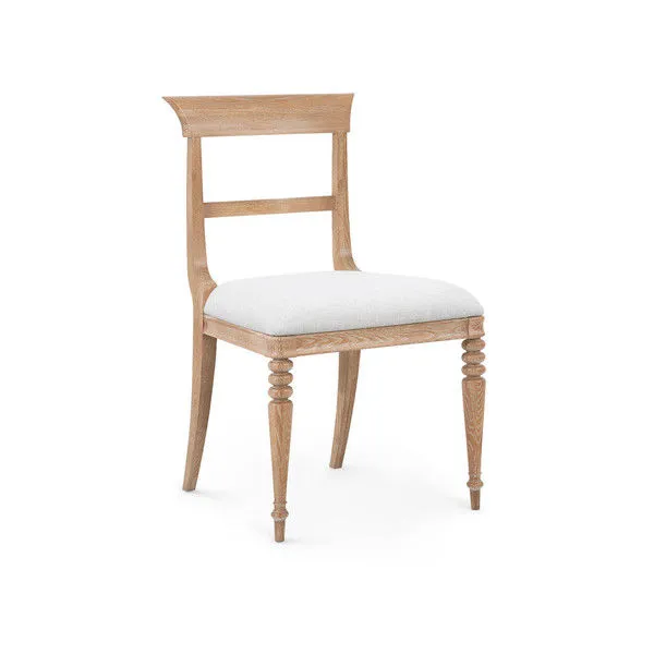 Lawrence Side Chair in Almond cerused oak with hand-carved legs and white upholstered seat