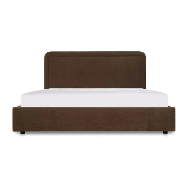 Brown upholstered Simon Storage Bed with rounded headboard and full footboard covering mattress base