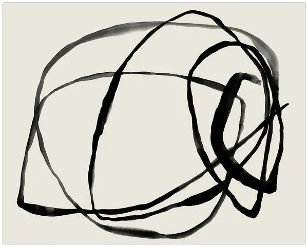 Abstract painting with black overlapping circular brushstrokes on a light background