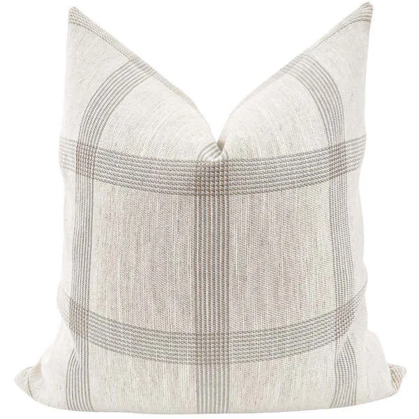 Linen windowpane pillow cover with beige and off-white classic check pattern and soft textured fabric