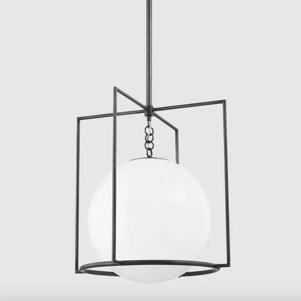 Frankie Large Pendant in old bronze finish showing full pendant with white opal globe in square cage