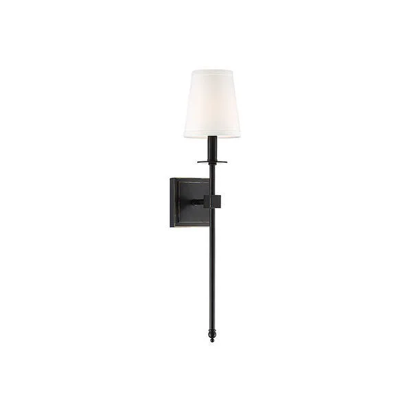 Bronze Monroe 1-light sconce with a long slender body and white fabric shade in a classic contemporary style