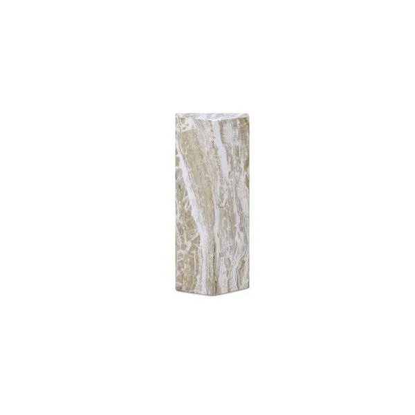 Tall five-sided outdoor side table with beige and white marble-like textured concrete finish