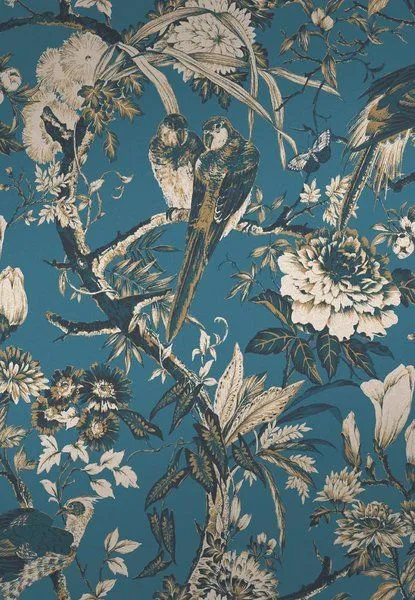 Perrow Wallpaper with vibrant blue background featuring detailed birds, golden floral accents, and leaves