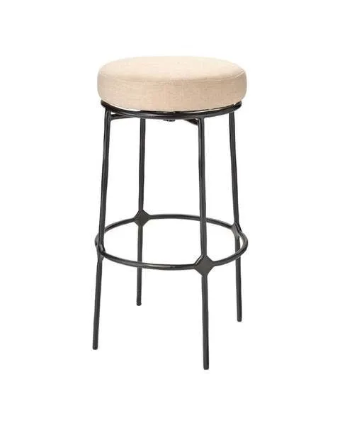 Asteria iron stool with hand-forged black iron base and round beige upholstered seat with tailored lines