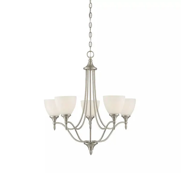 Herndon 5 Light Chandelier with curved English bronze arms and white frosted glass shades