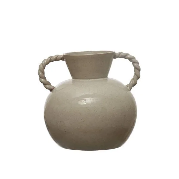 Product Image 1 for 9.25 Inches Stoneware Vase with Twisted Handles and Reactive Glaze, Cream Color from Creative Co-Op