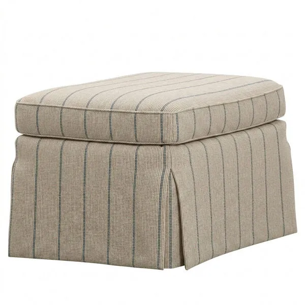 Ottoman showing angled view highlighting cushioned top and pleated skirt detail with vertical stripes on upholstery