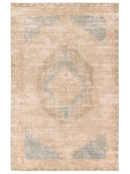 Traditional rectangular rug with a vintage-inspired tan and blue center medallion pattern on a distressed jute weave