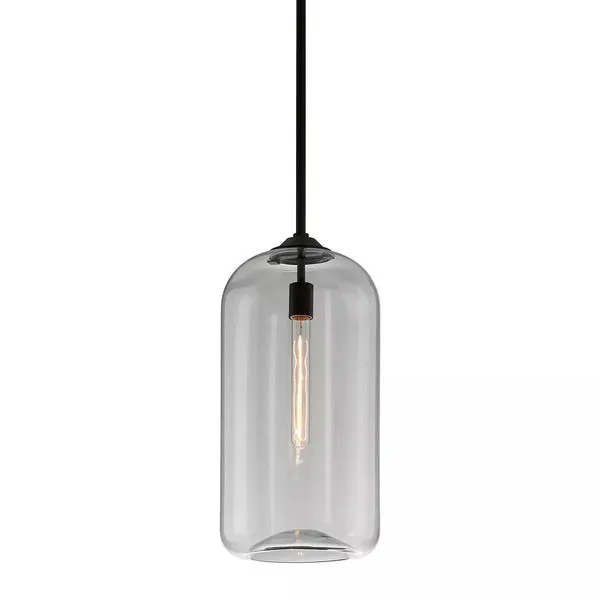large pendant with smoked glass cylindrical shade and exposed filament bulb, suspended by black cord
