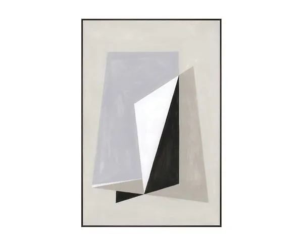 Abstract geometric painting with overlapping gray, white, and black shapes on light gray background