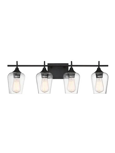 Four-light bath bar with large curved clear glass shades and English bronze finish in a linear design