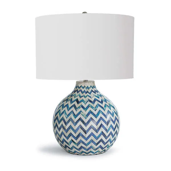 Rounded table lamp with white drum shade and blue and white chevron patterned bone base