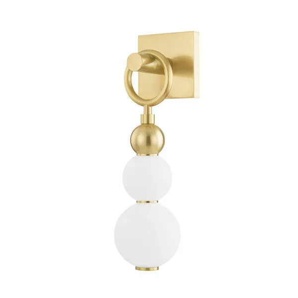 Perrin 1-Light Wall Sconce in aged brass with two frosted white globes and circular decorative ring