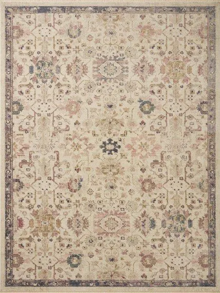 Ivory and multicolor Giada rug with classic floral and geometric motifs framed by a narrow border