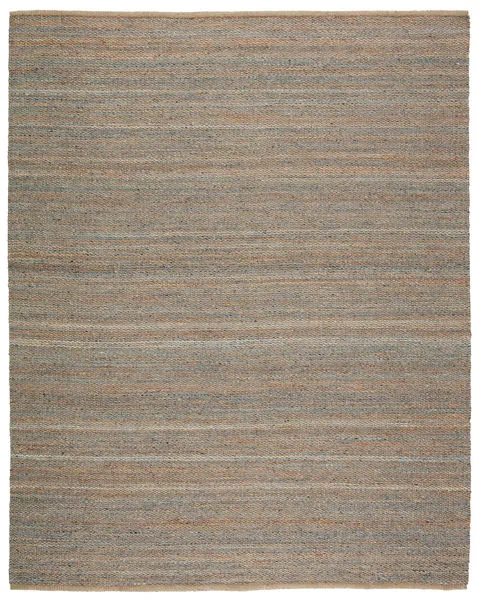 Handwoven solid beige and gray area rug with subtle stripe pattern blending wool and jute fibers