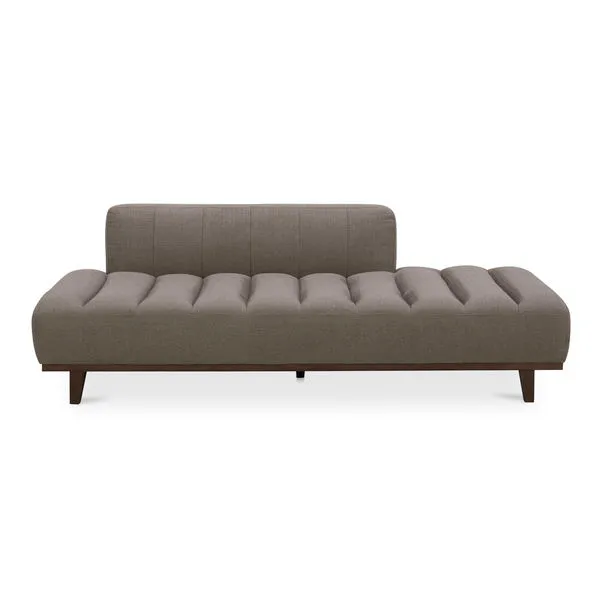 Bennett Daybed with mid-century modern shape, muted brown textured upholstery, channel tufting, and warm brown ash wood base