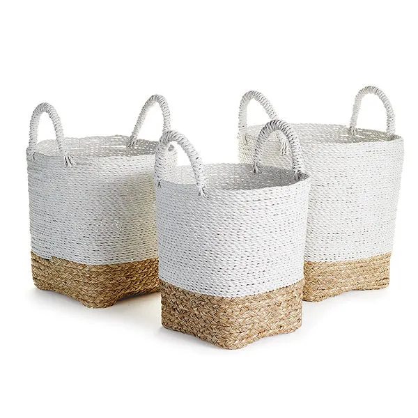 Set of three Madura Market baskets in white and natural woven materials with top handles