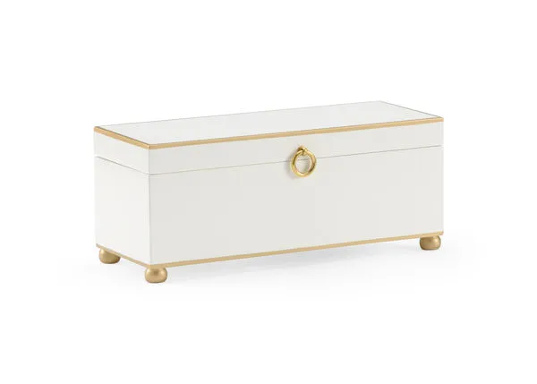 Rectangular cream wooden box with antique gold trim, bun feet, round metal handle, and hinged lid