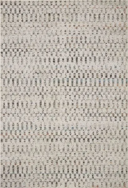Grey and multi transitional rug with abstract linear Moroccan-inspired pattern in neutral tones