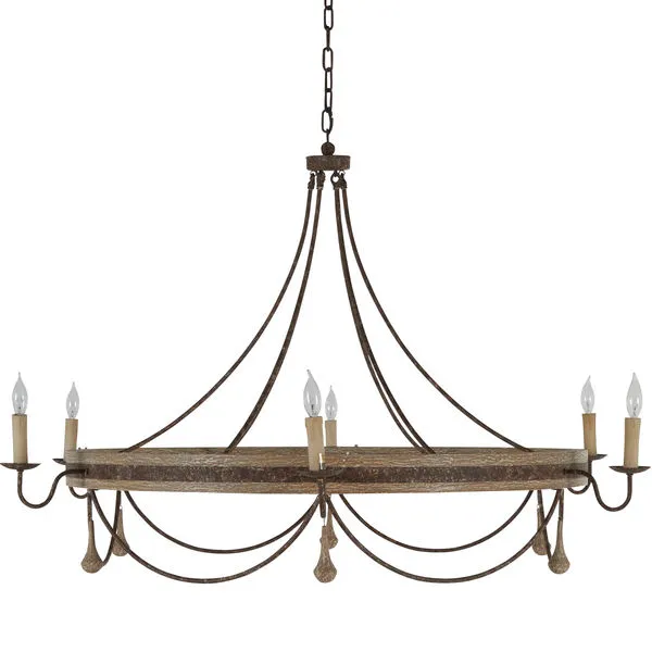 Jean Chandelier with slender metal rods forming scallops around a wooden ring with metal band and elongated drop beads