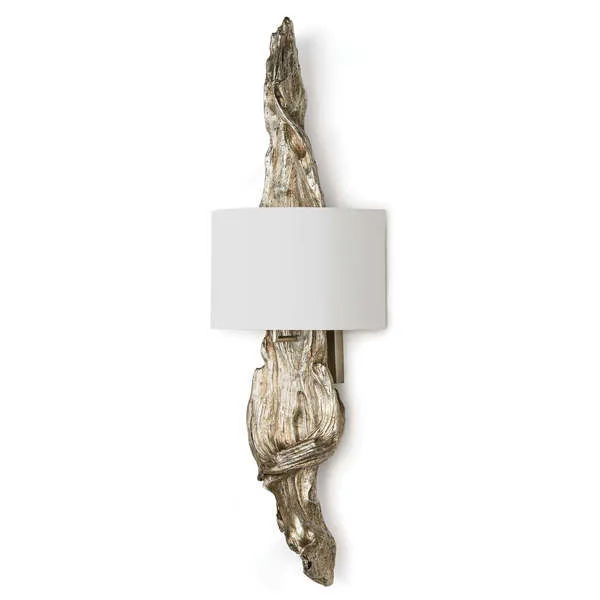 Driftwood Sconce with ambered silver leaf driftwood-inspired base and curved white shade