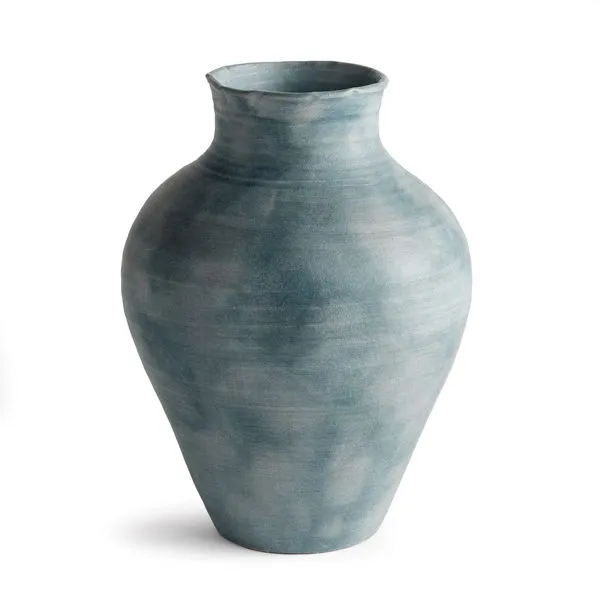 Gray-blue terracotta Mirela Vase with subtle horizontal ribbing and uneven matte glaze
