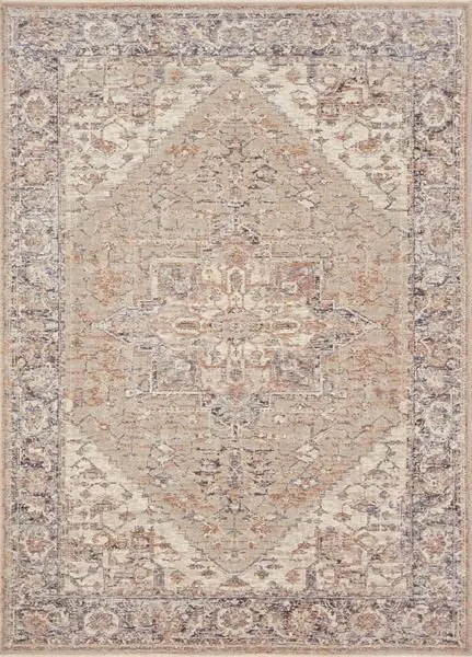 Full view of the Faye Taupe Denim Rug displaying the complete central medallion and border pattern